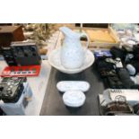 A Wedgwood wash jug; bowl; toothbrush holder and s