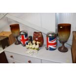 Two pedal bins decorated with Union Jacks; a pair