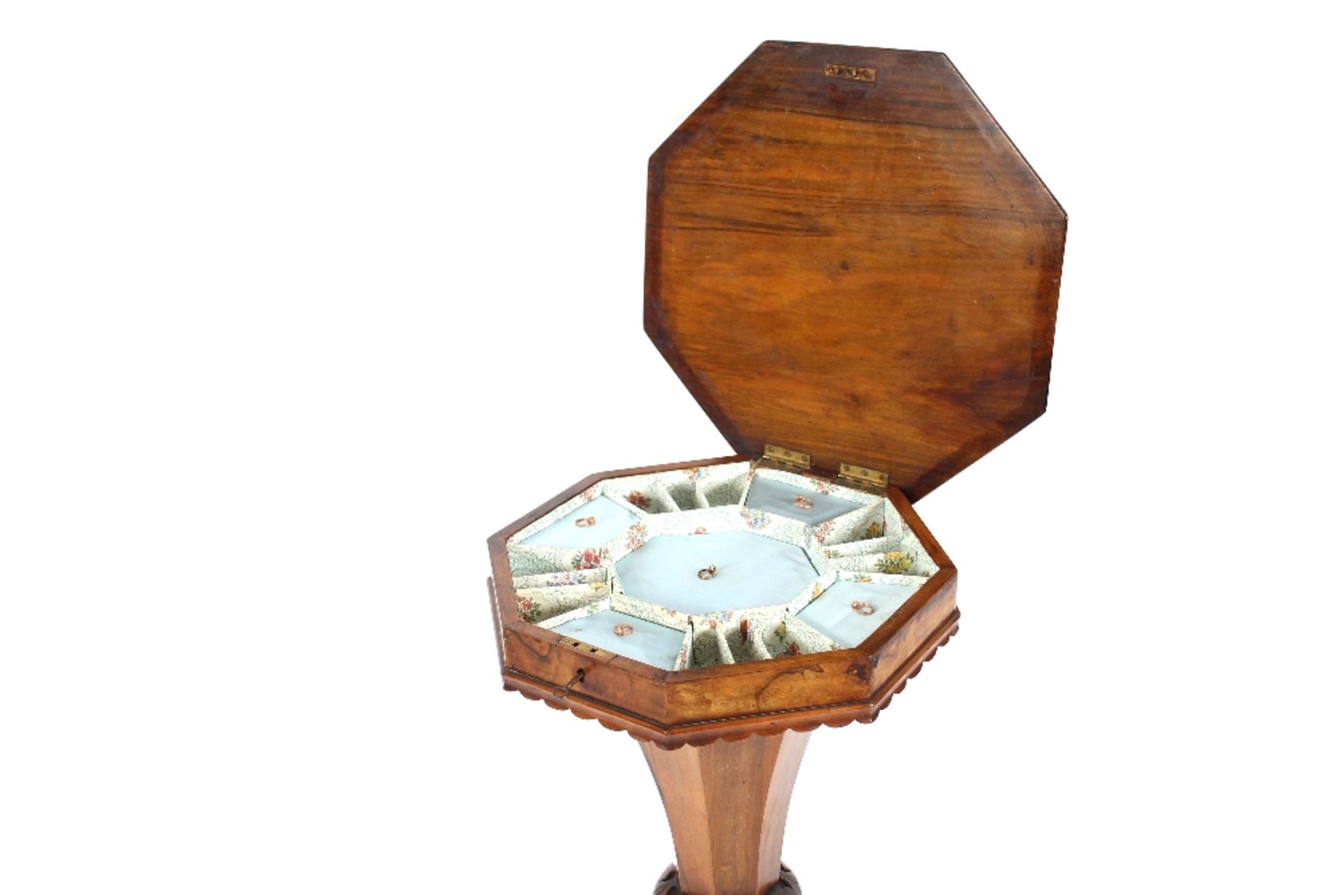 A Victorian walnut trumpet shaped work table, the octagonal lid opening to reveal a partitioned - Image 2 of 2