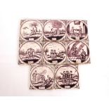 Eight 18th Century Delft pictorial tiles, decorated with allegorical scenes, 13.5cm