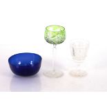 Seven Bohemian type green flash hock glasses; five cut glass rummers; five vine etched wine glasses;