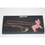 A boxed pink stone set French Bull Dog pendant