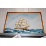 Oil on board study of a sailing ship at sea