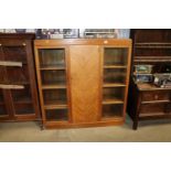 A side by side bookcase fitted with glass doors