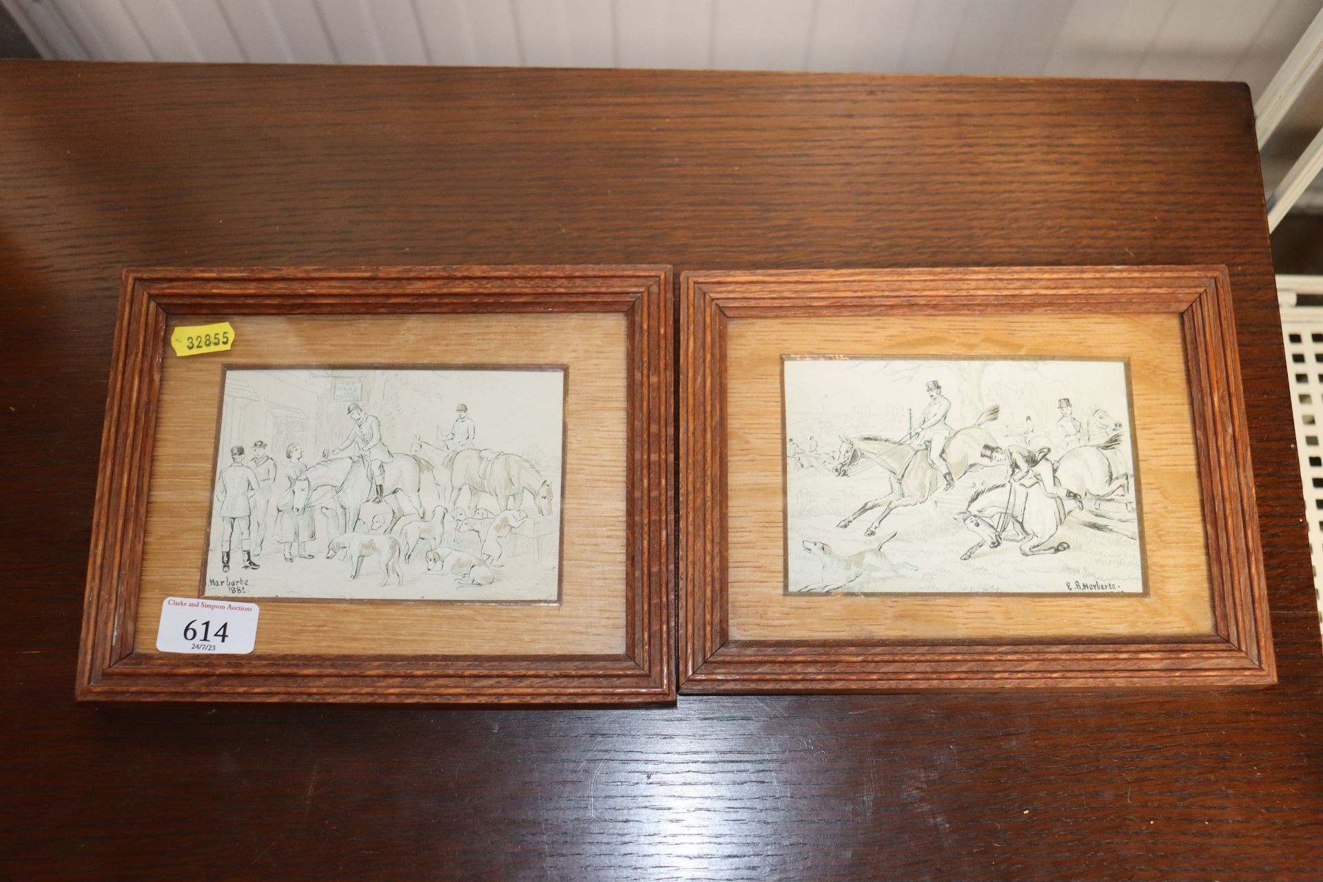 E B Herbart, two oak framed studies depicting hunt