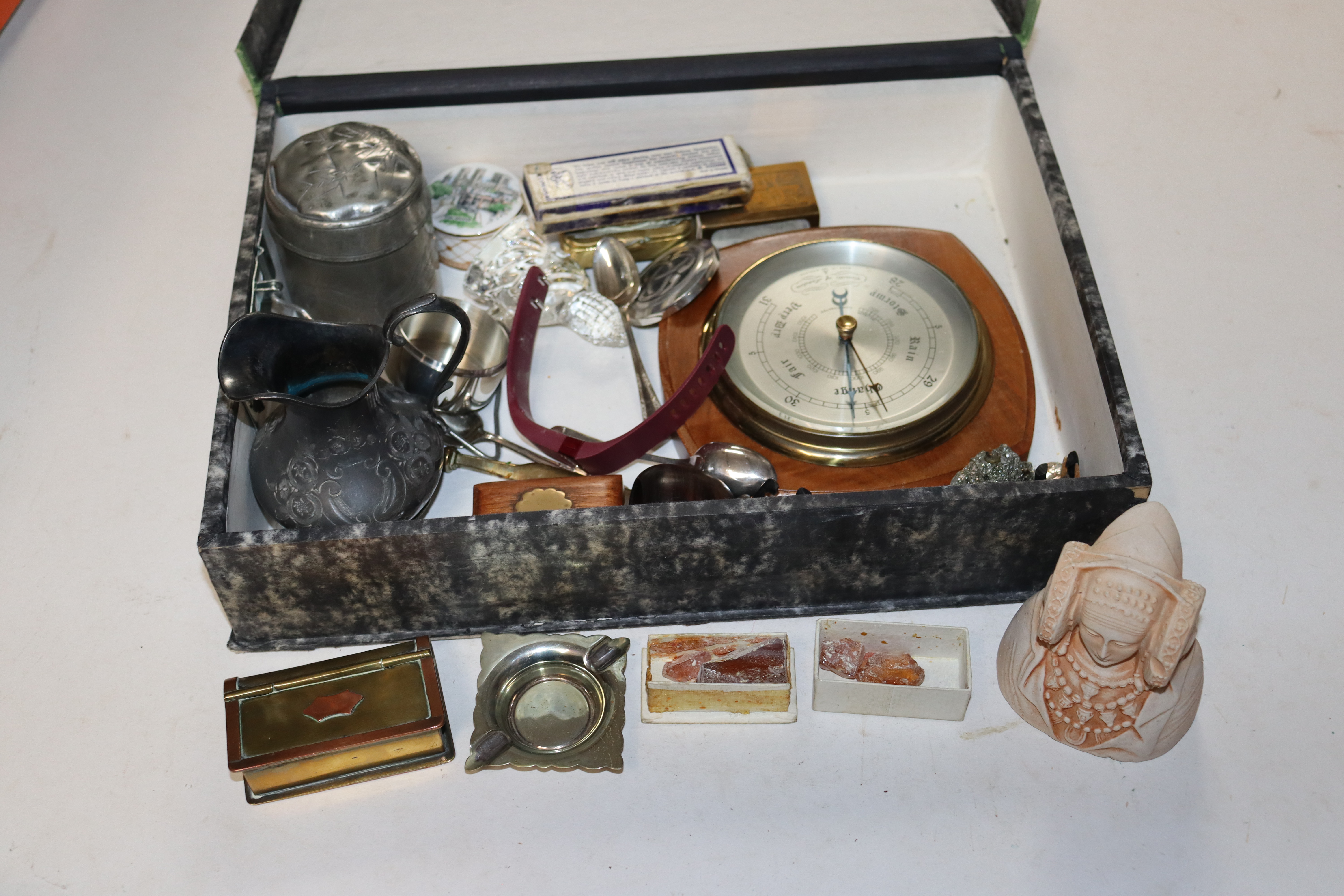 A box of small sundry items to include barometer,