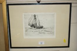 K. Crowe, black and white etching, study of a sail
