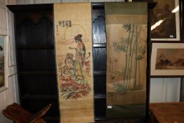 Two Chinese Oriental scroll pictures, one of bambo