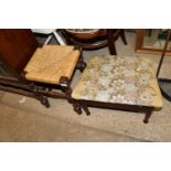 An oak string seated stool; and a retro sewing box