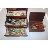 Two wooden jewellery boxes and contents of various