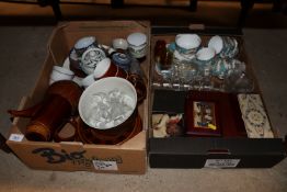 Two boxes of miscellaneous teaware, glassware, box