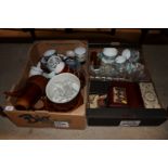 Two boxes of miscellaneous teaware, glassware, box