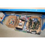 Three boxes containing Lego; toy cars and figures