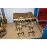 A Victorian brass hearth stand and a pair of brass