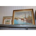 An oil on canvas study of boats; a watercolour stu