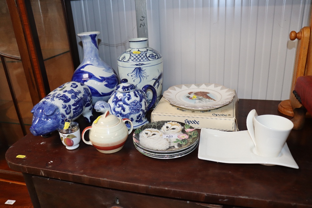 A blue and white Oriental decorated vase, mark to base 'CBW', a Susie Cooper pot and cover, Spode