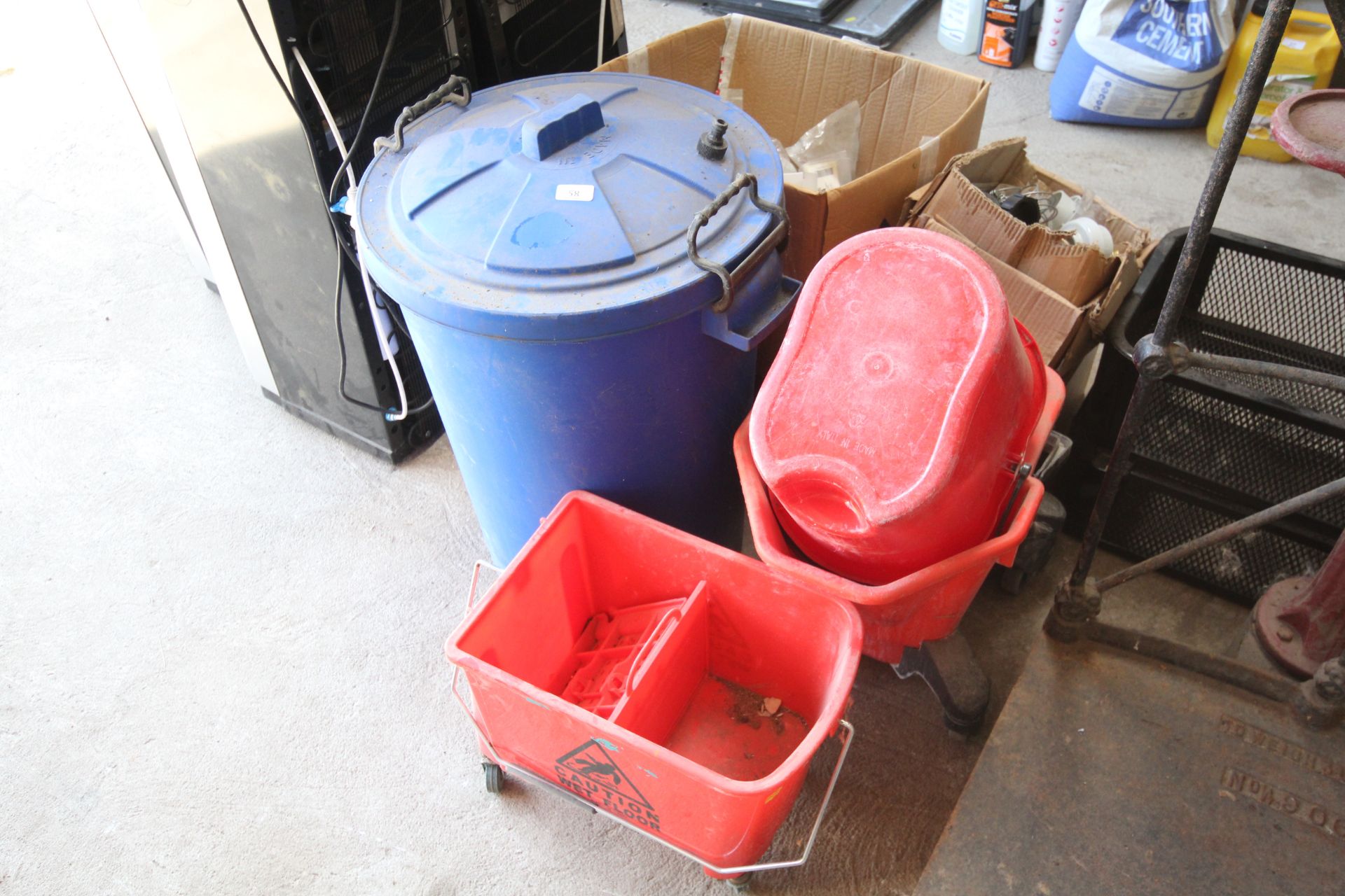 Various mop buckets and plastic bin.