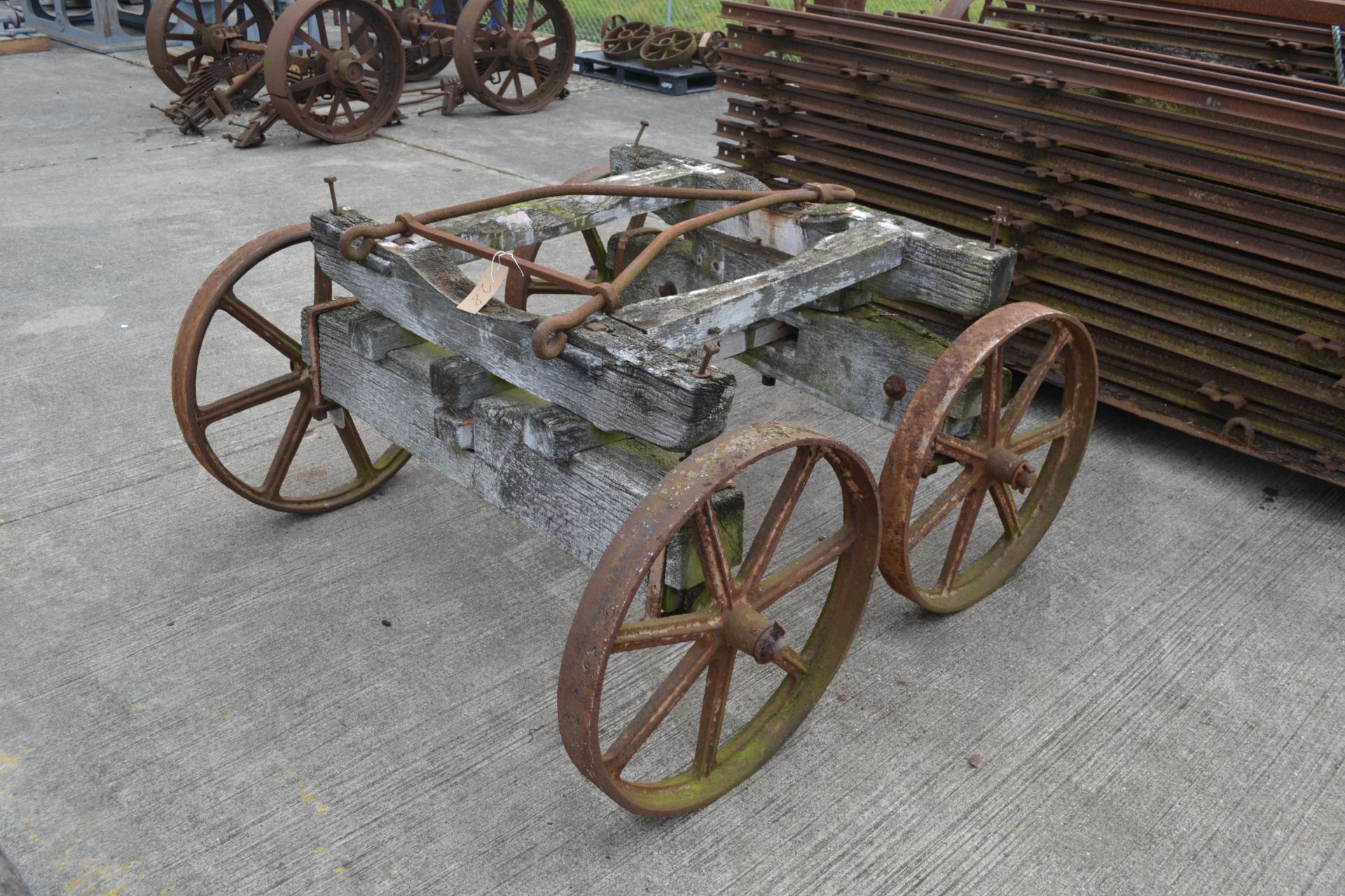 Set of four matching cast wheels on axles. Suit shepherds hut. - Image 3 of 5