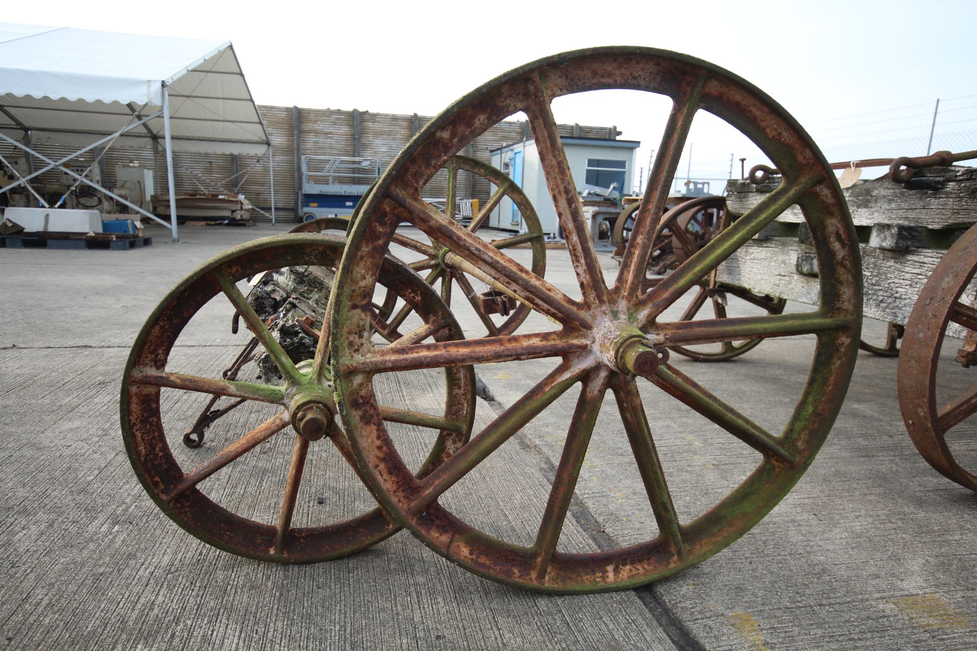 Set of four matching cast wheels on axles. Suit shepherds hut. - Image 8 of 8