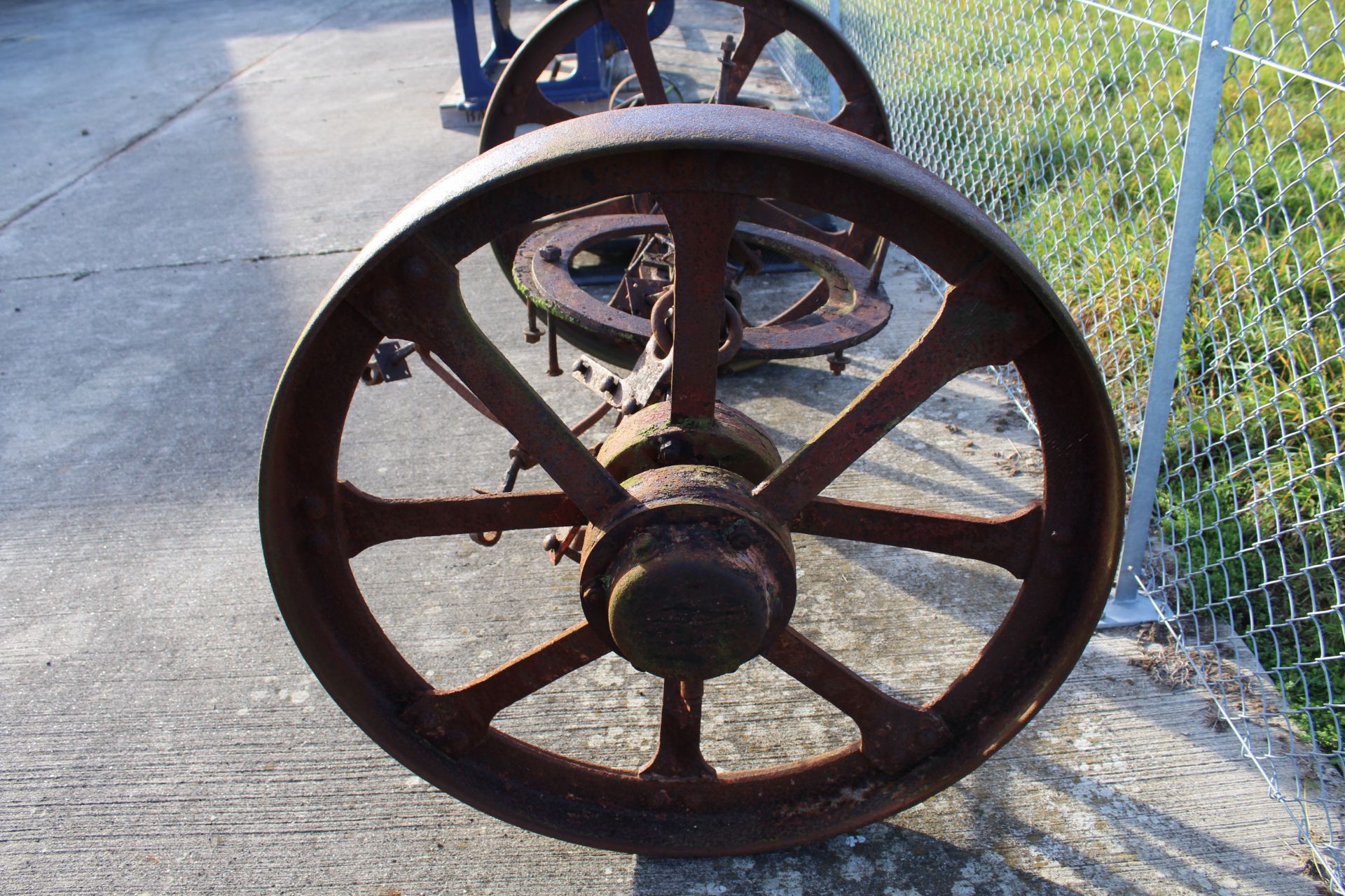 ** LOT WITHDRAWN ** Pair of cast iron wheels on axle with turntable. Ex-straw pitcher. - Image 6 of 7