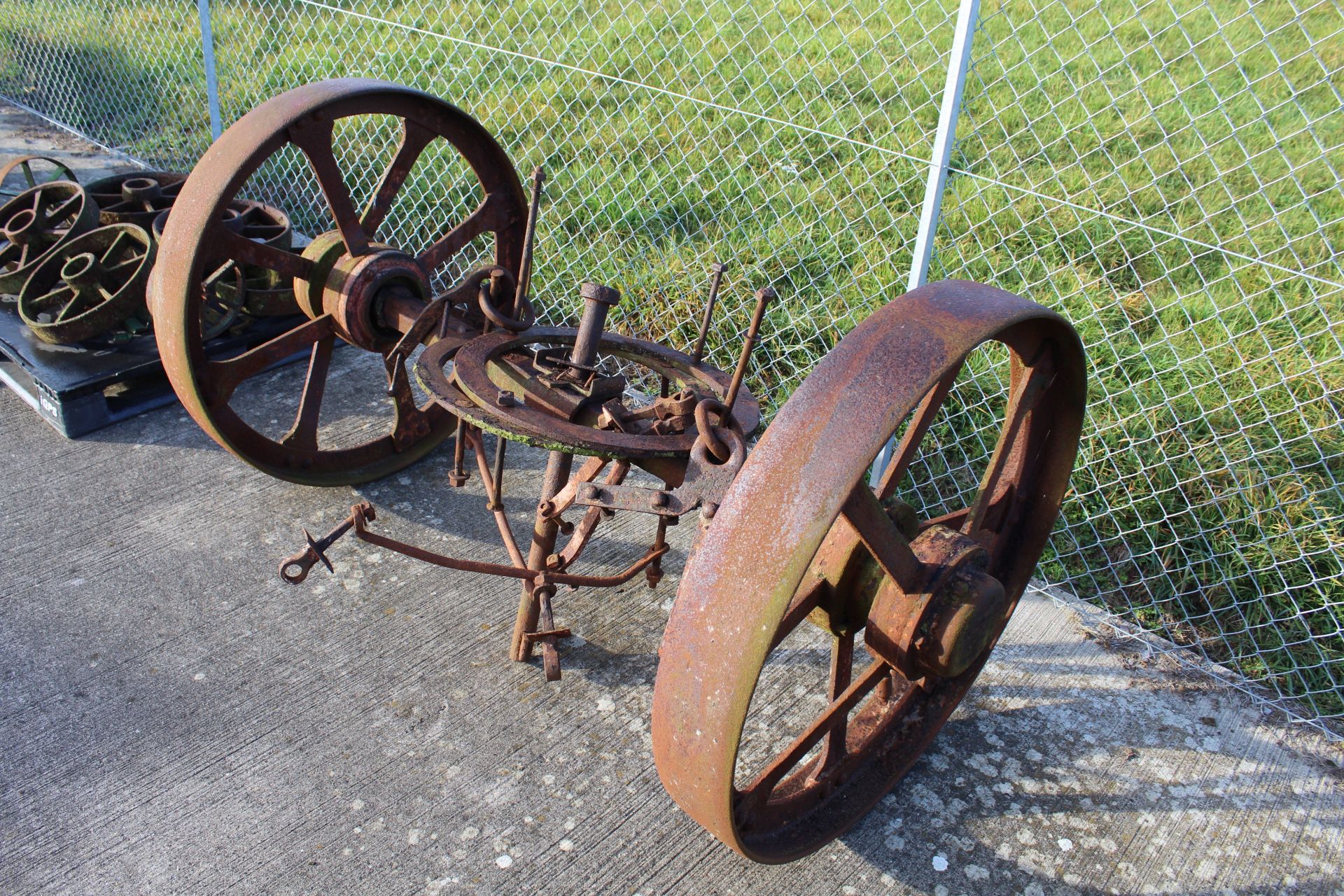 ** LOT WITHDRAWN ** Pair of cast iron wheels on axle with turntable. Ex-straw pitcher. - Image 2 of 7