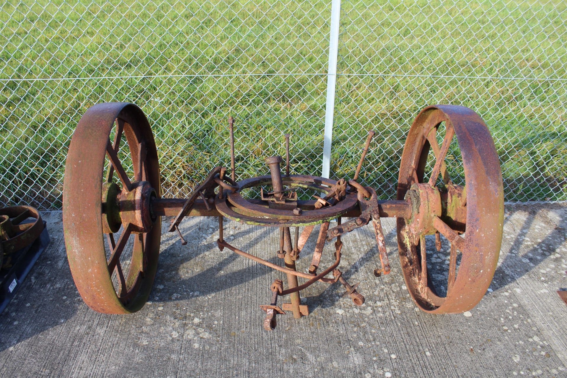 ** LOT WITHDRAWN ** Pair of cast iron wheels on axle with turntable. Ex-straw pitcher. - Image 3 of 7