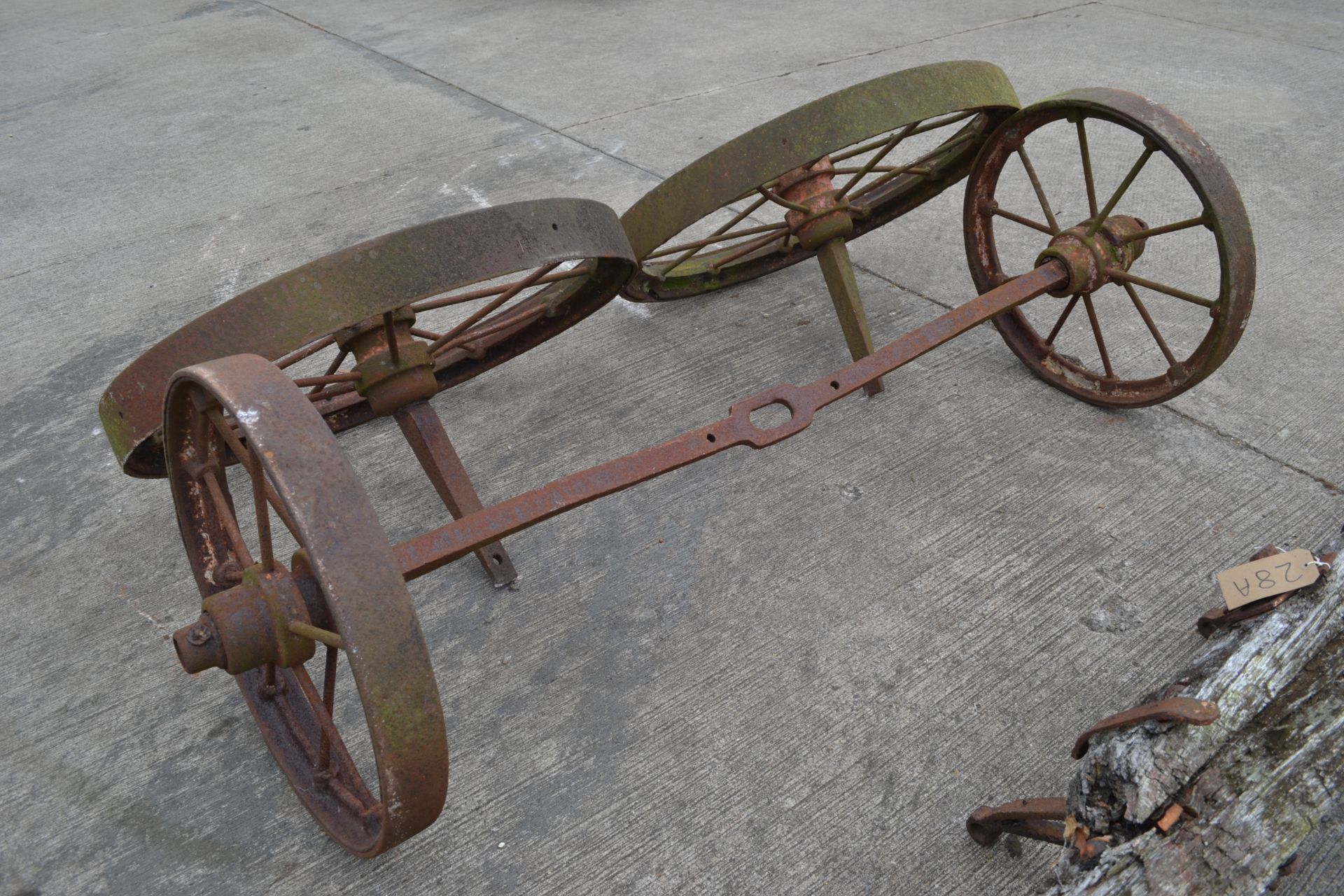 Set of four matching cast wheels on axles. Suit shepherds hut. - Image 6 of 6