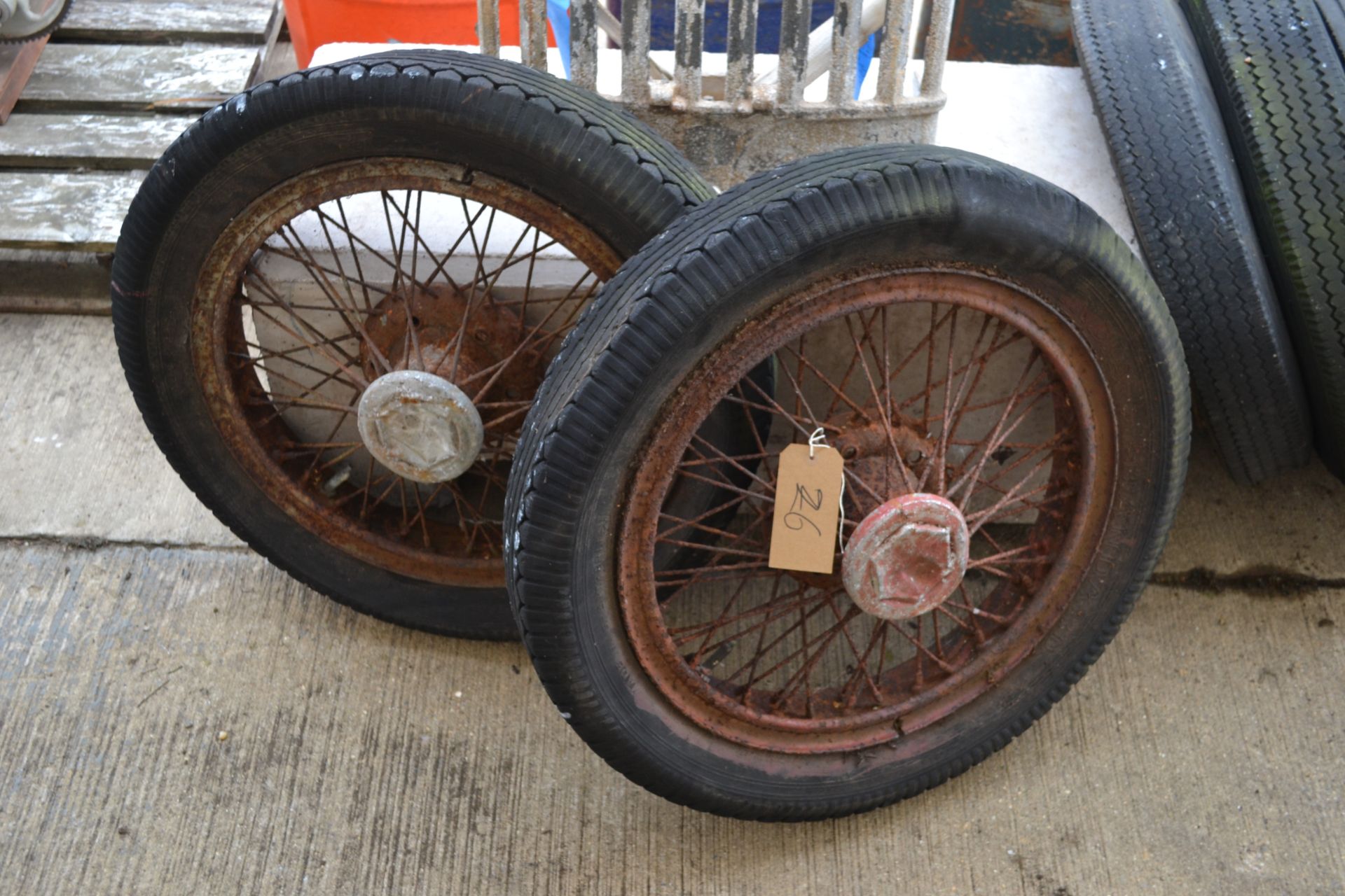 2x vintage car wire wheels.
