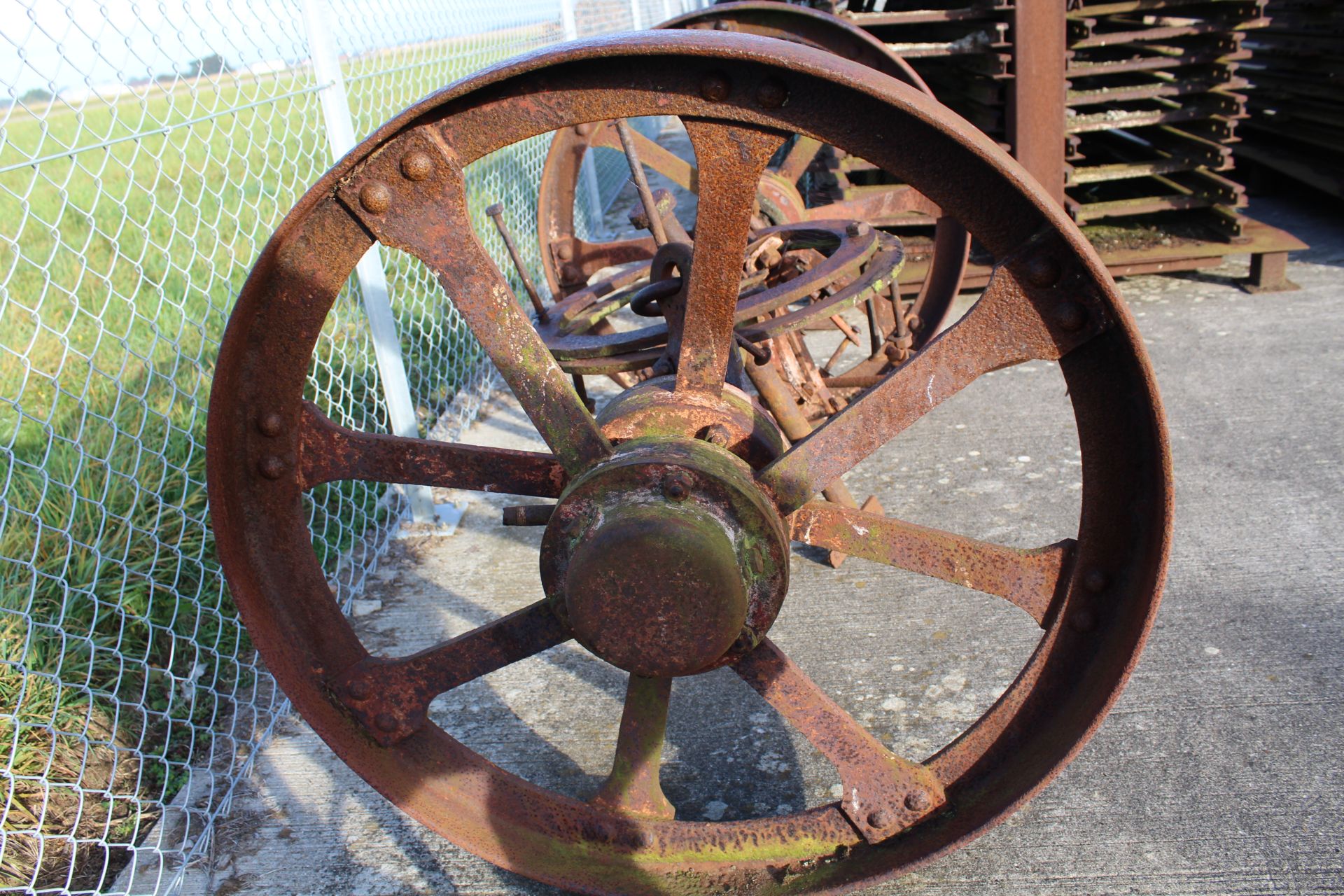 ** LOT WITHDRAWN ** Pair of cast iron wheels on axle with turntable. Ex-straw pitcher. - Image 5 of 7