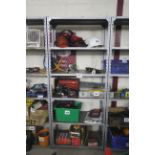 Set of Dexion style heavy duty workshop shelves.