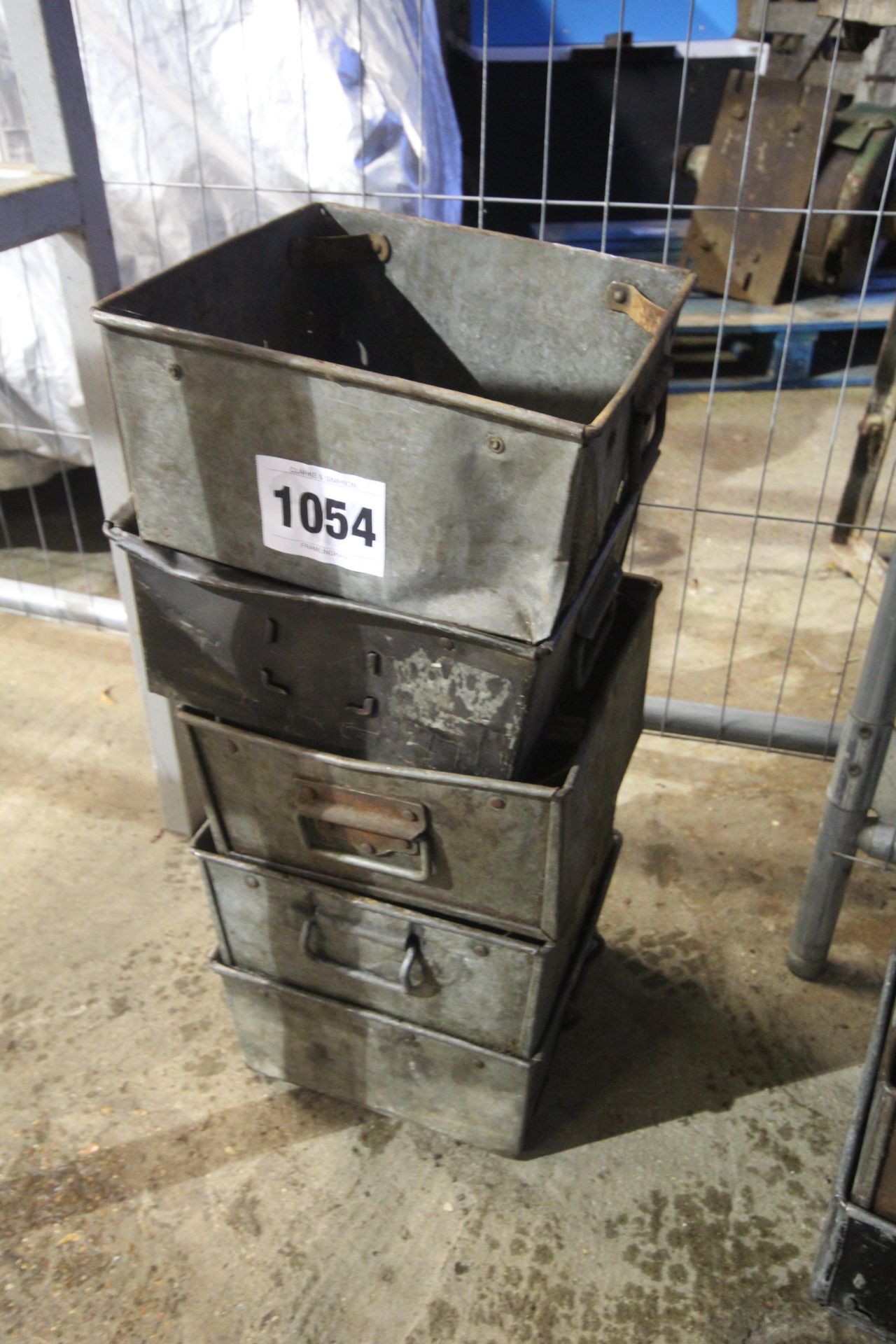 5x square metal parts bins. V