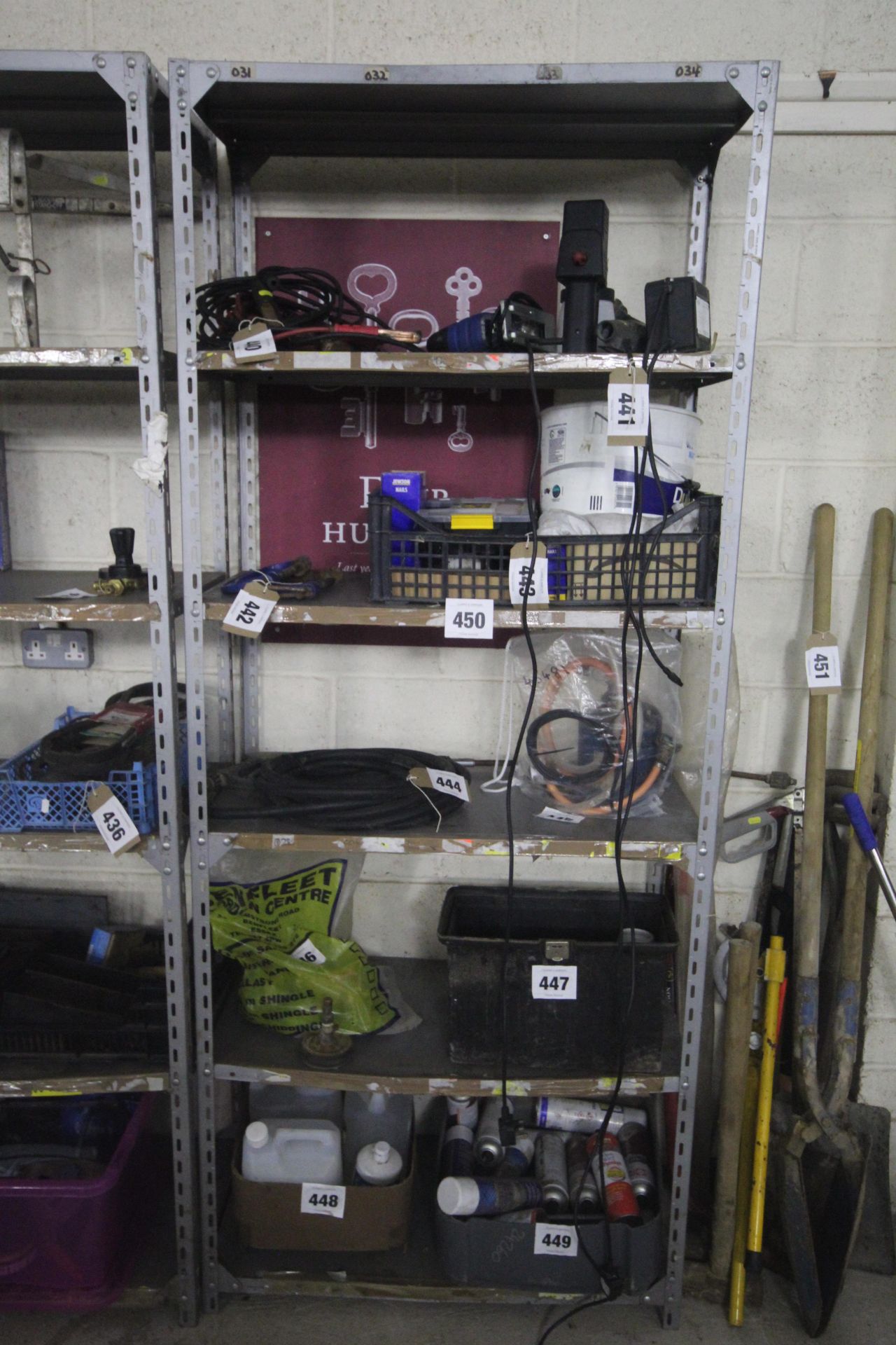 Set of Dexion style heavy duty workshop shelves.