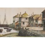A. Sharpe, study of a Cornish fishing harbour, sig