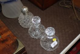A hobnail cut glass scent bottle with silver top,