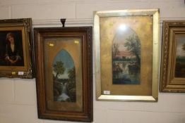 A pair of oils depicting rural scenes in arched mo