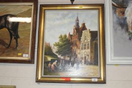 Oil on panel depicting a Rotterdam street scene