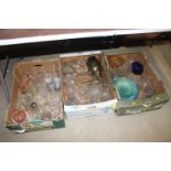 Three boxes of miscellaneous coloured and other gl