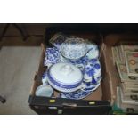 A box of miscellaneous blue and white china