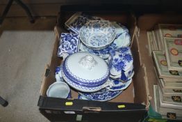 A box of miscellaneous blue and white china