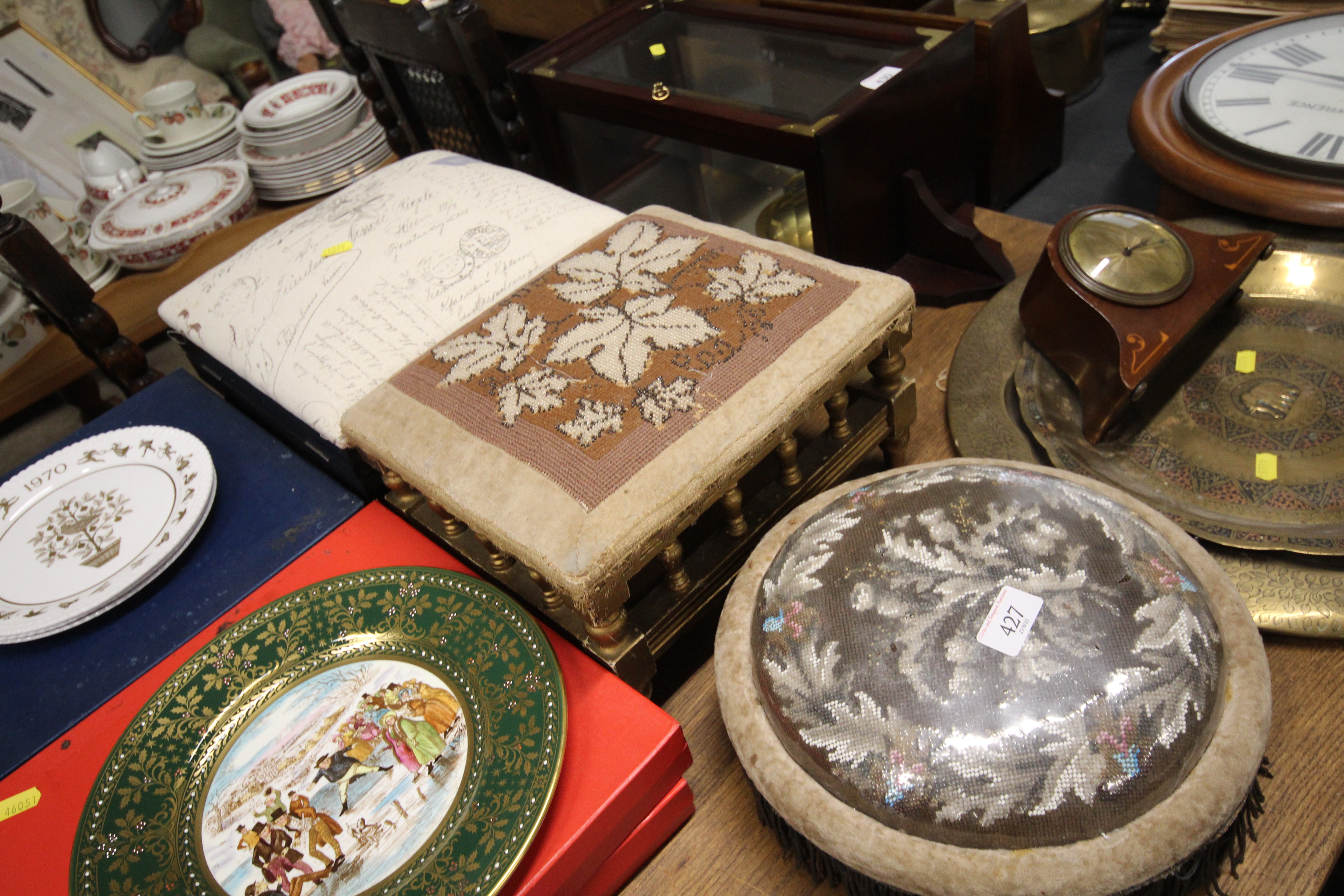 Two Victorian bead work foot stools and another