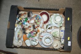 A box of various porcelain teaware, figures etc.