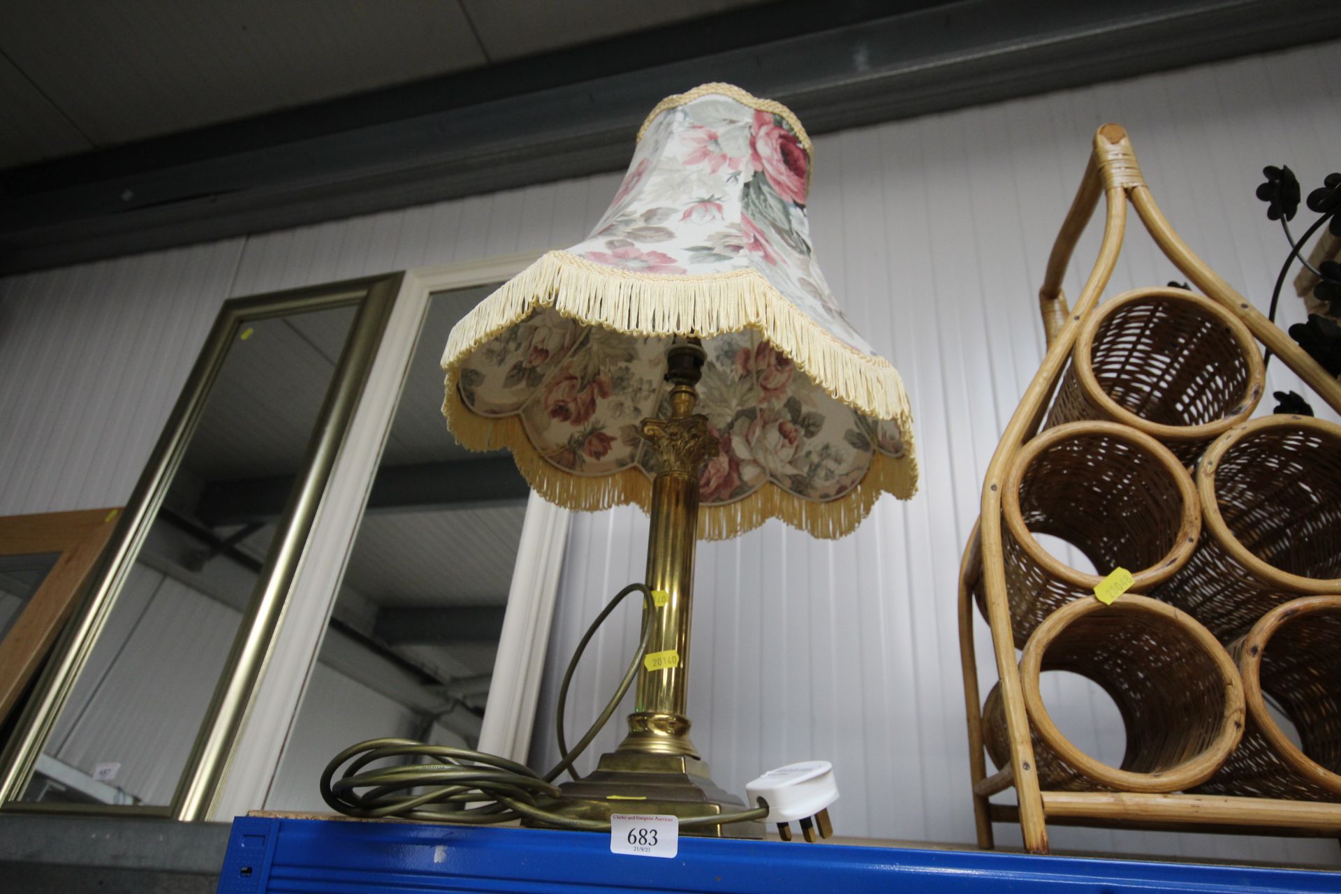 A Corinthian column brass table lamp with floral s