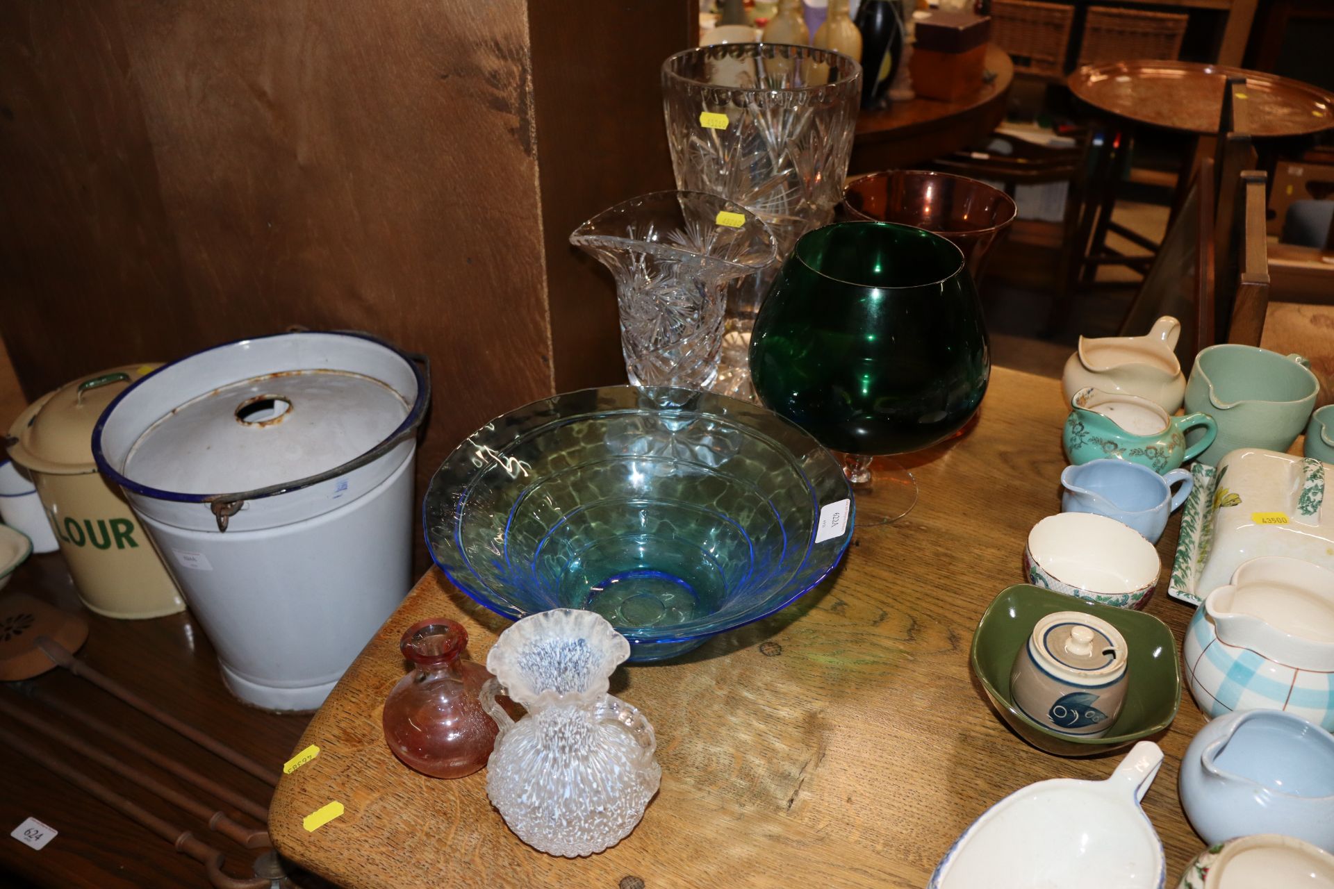 Various coloured Art Glass ware; two cut glass vases etc.