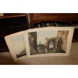 Two unframed coloured engravings of Melrose Abbey