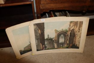 Two unframed coloured engravings of Melrose Abbey