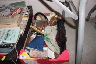 A box of miscellaneous vintage fans, fabric etc.