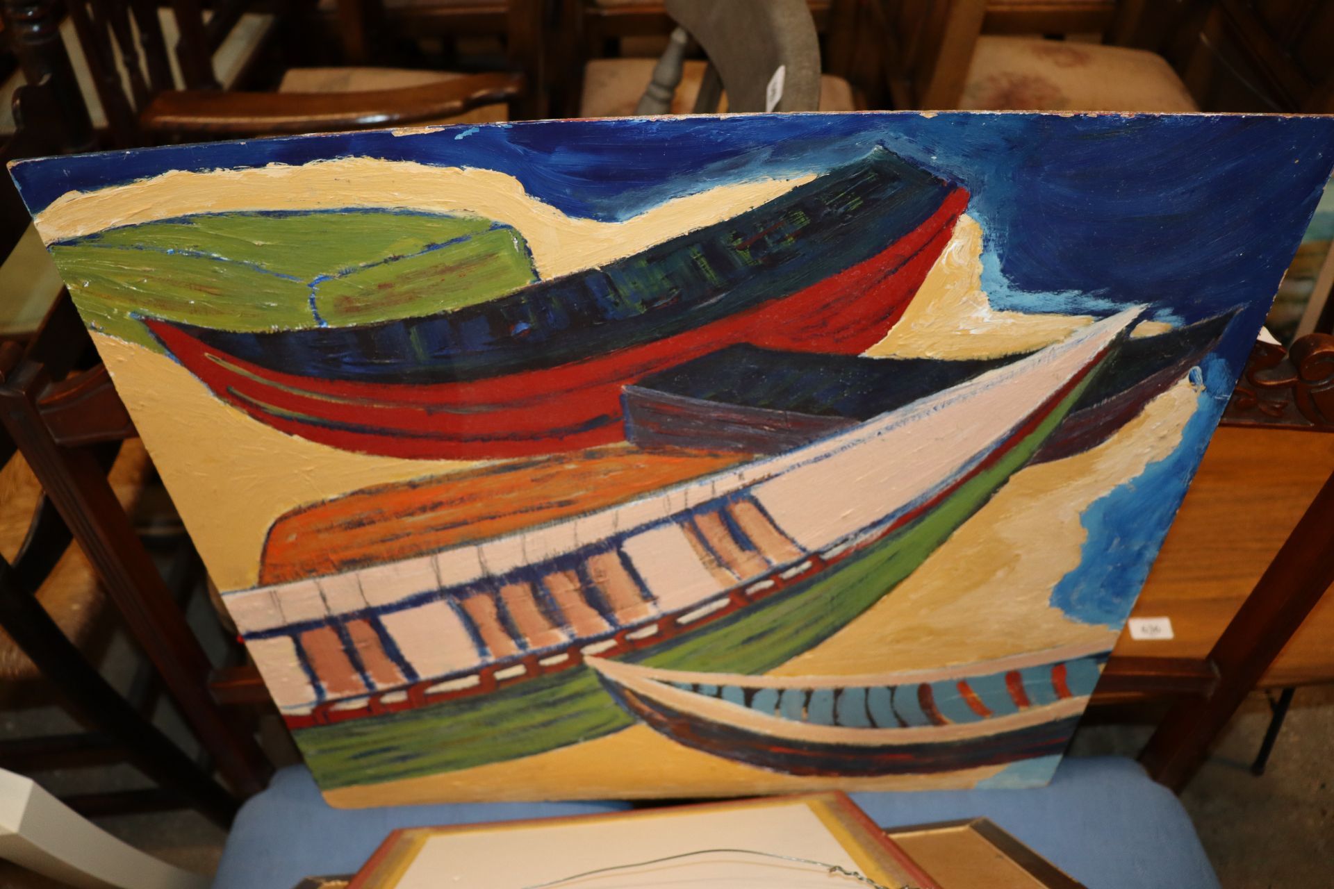 A 70's style oil on board of boats; two watercolou - Image 4 of 4