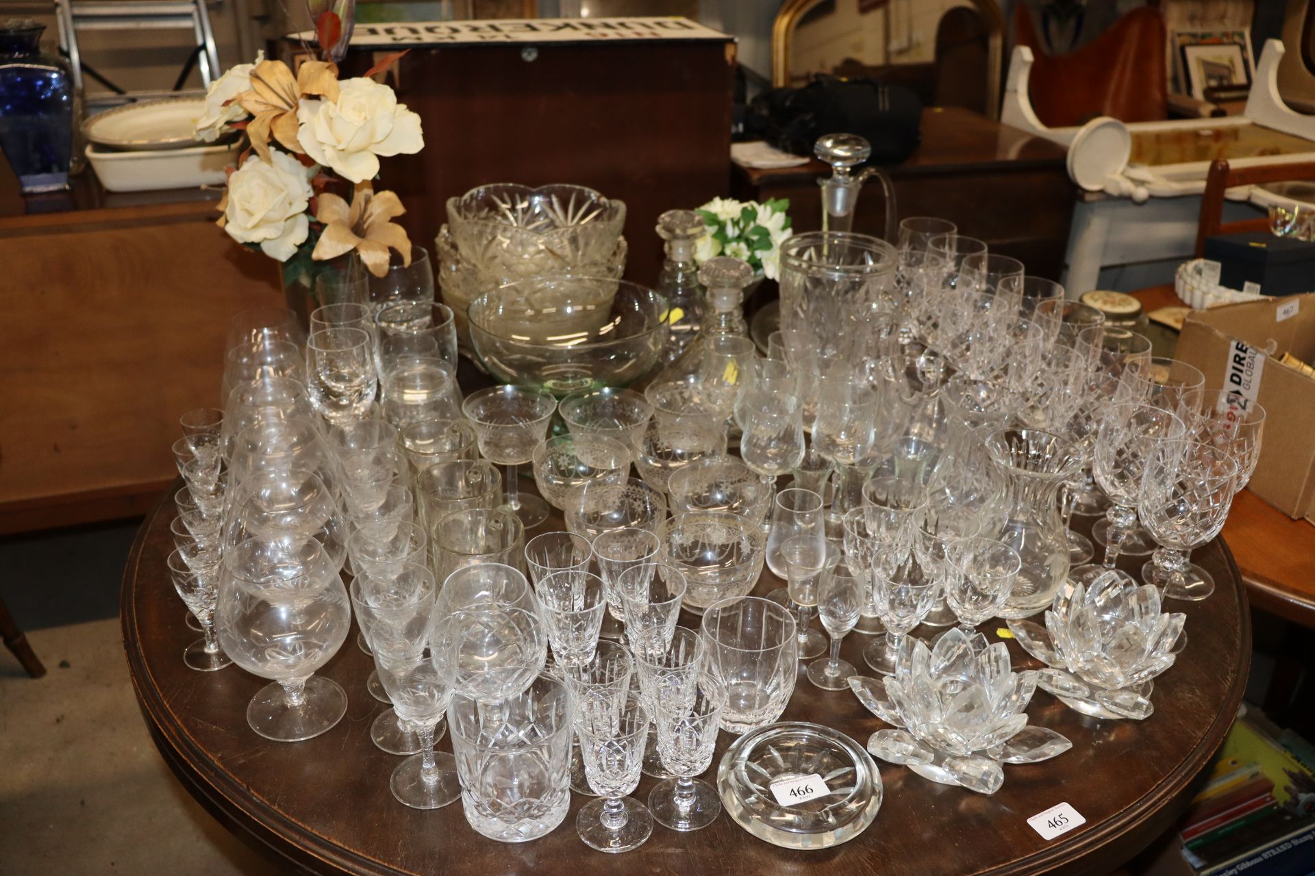 A large quantity of various table glassware includ
