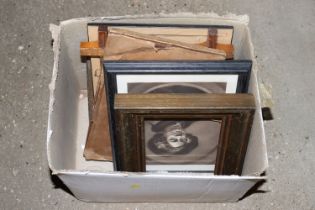 A box of antique prints and frames including an Ox