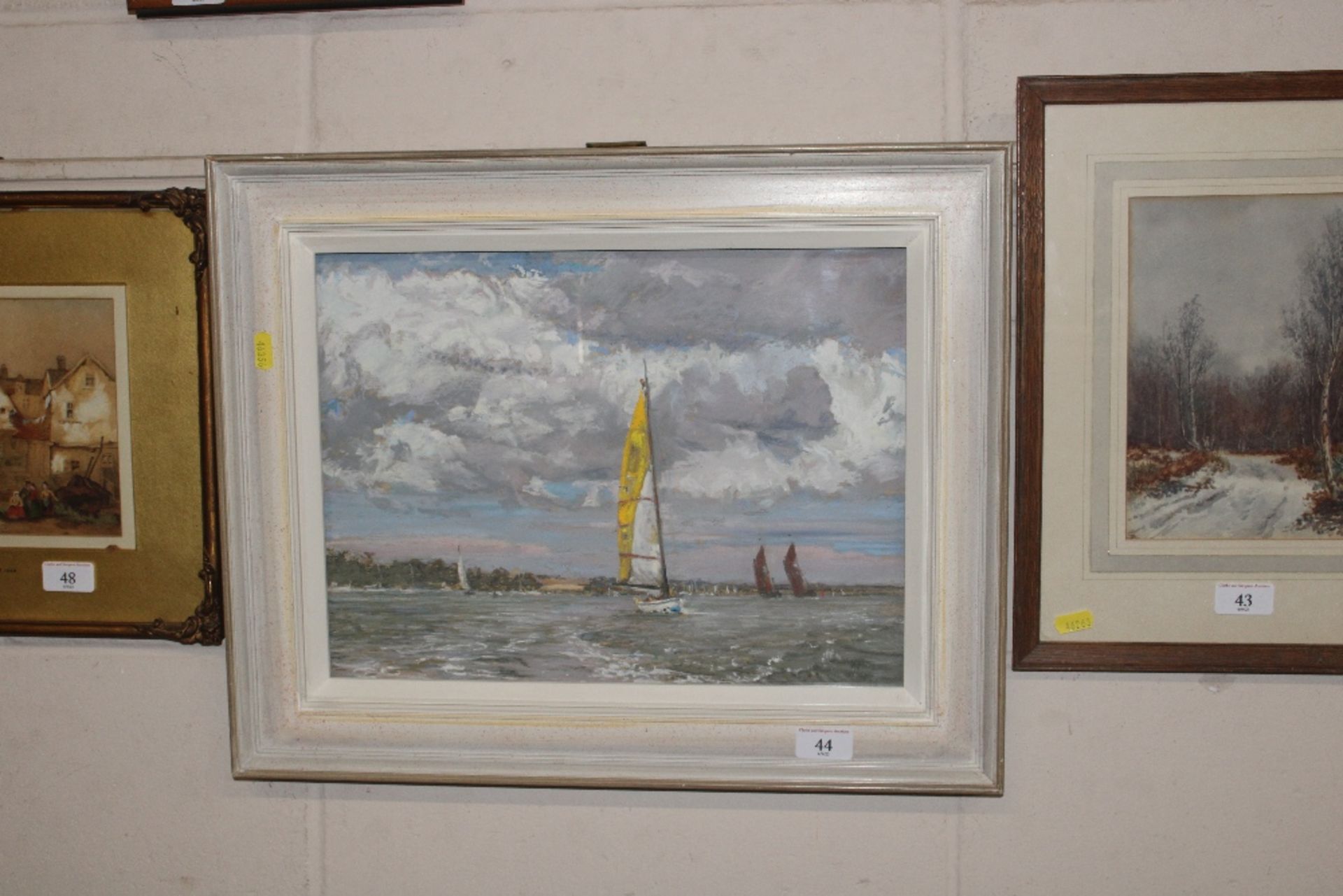 20th Century school, indistinctly signed oil and pastel of a coastal scene with yachts